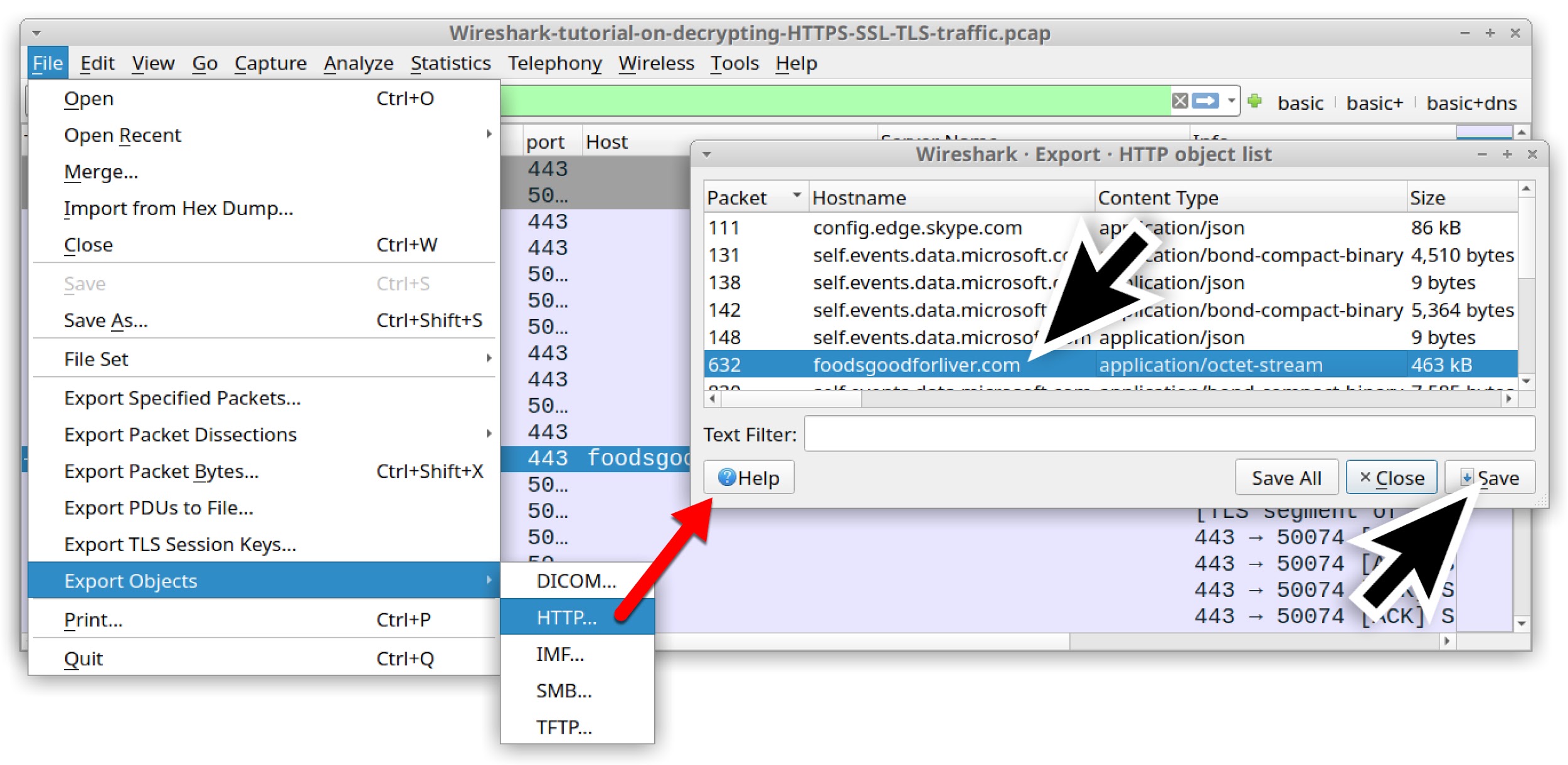 Wireshark-tutorial-on-decrypting-HTTPS-SSL-TLS-traffic.pcap - the screenshot shows the series of clicks required to export the malware binary used as an example in the decrypting HTTPS traffic tutorial. 